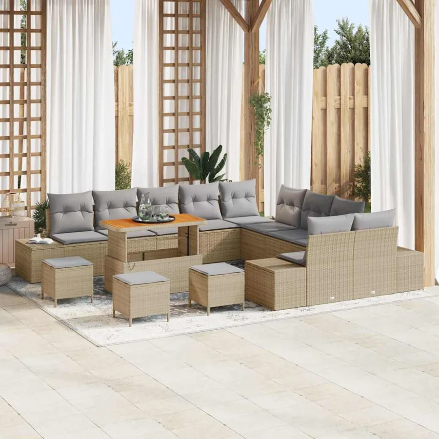 Ensemble de canapé de jardin 14 pcs Beige polyrotin