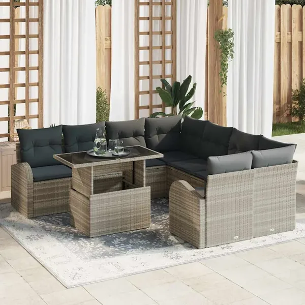 Ensemble de canapé de jardin 9 pcs Gris clair polyrotin
