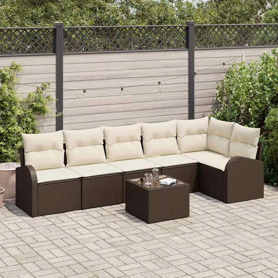 Ensemble de canapé de jardin 7 pcs Marron et blanc polyrotin