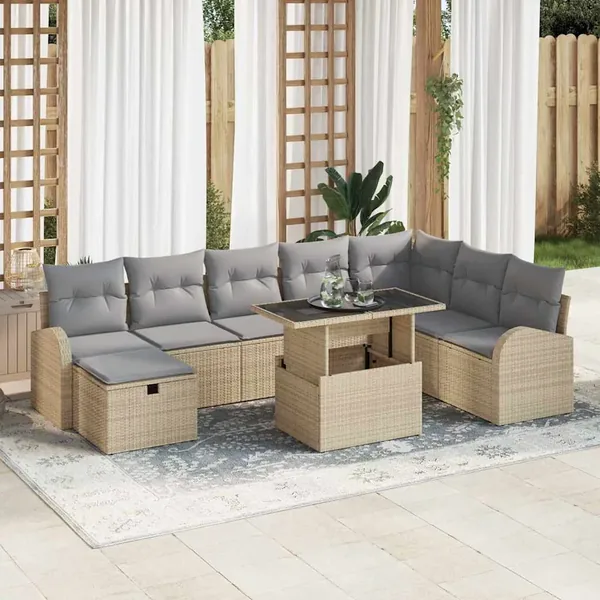 Ensemble de canapé de jardin 9 pcs Beige Poly rotin