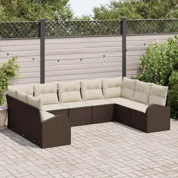 Ensemble de canapé de jardin 9 pcs Marron et blanc polyrotin