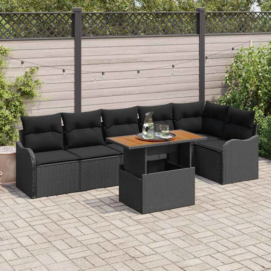 Ensemble de canapé de jardin 7 pcs Noir Poly rotin