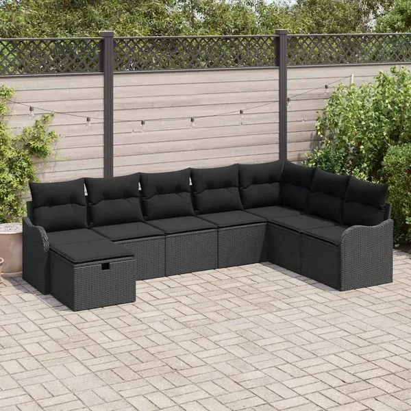 Ensemble de canapé de jardin avec coussin 8 pcs Noir Poly rotin