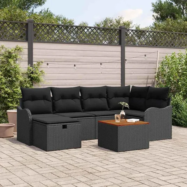 Ensemble de canapé de jardin avec coussin 7 pcs Noir Poly rotin