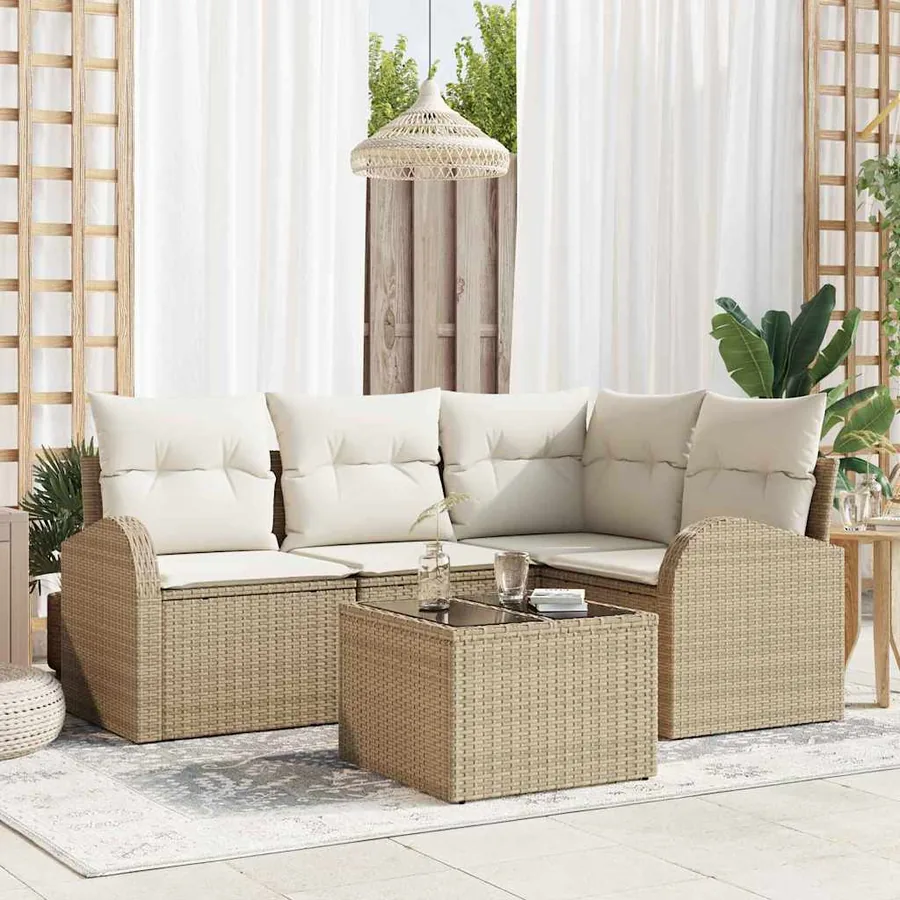 Ensemble de canapé de jardin 5 pcs Beige et blanc polyrotin