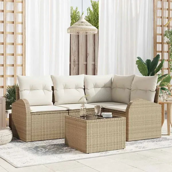 Ensemble de canapé de jardin 5 pcs Beige et blanc polyrotin