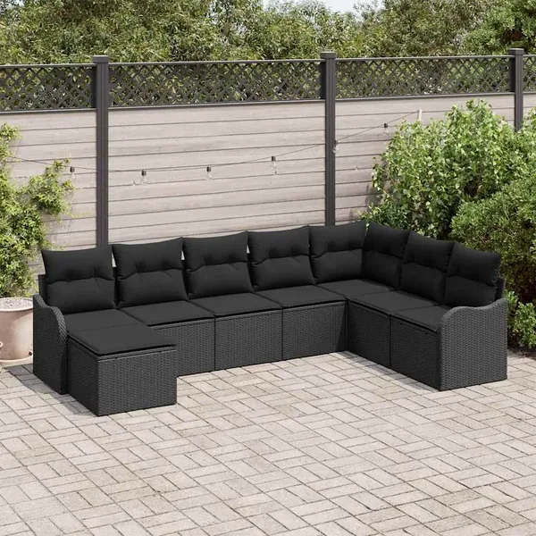 Ensemble de canapé de jardin avec coussin 8 pcs Noir Poly rotin