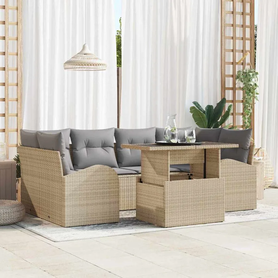 Ensemble de canapé de jardin 7 pcs Beige Poly rotin