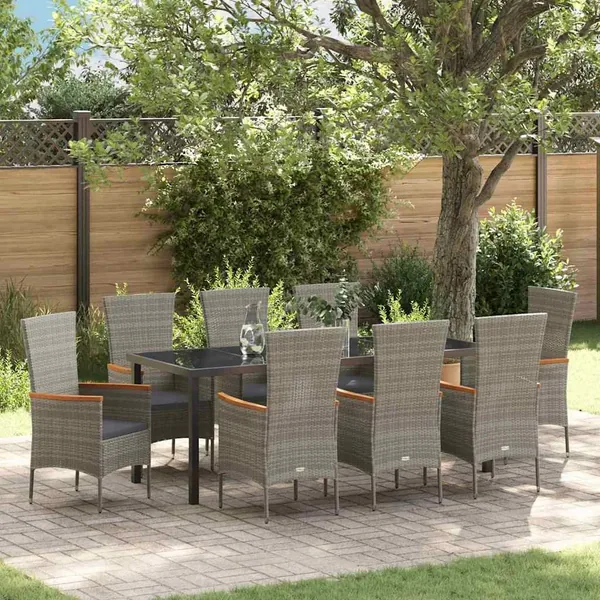 Ensemble de salle à manger pour jardin avec coussin 9 pcs Gris