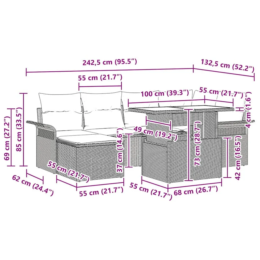 Ensemble de canapé de jardin 7 pcs Marron Poly rotin - 12