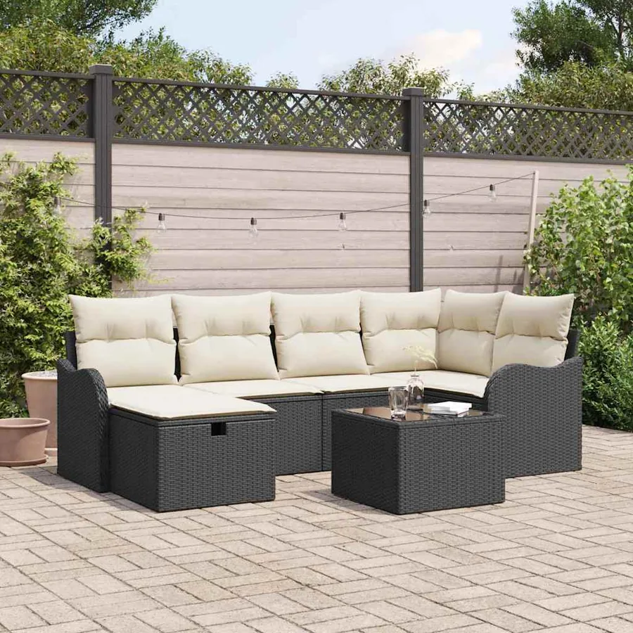Ensemble de canapé de jardin avec coussin 7 pcs Noir Poly rotin
