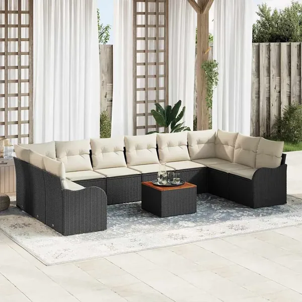 Ensemble de canapé de jardin 11 pcs Noir et Crème polyrotin