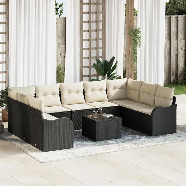 Ensemble de canapé de jardin 10 pcs Noir et blanc Poly rotin