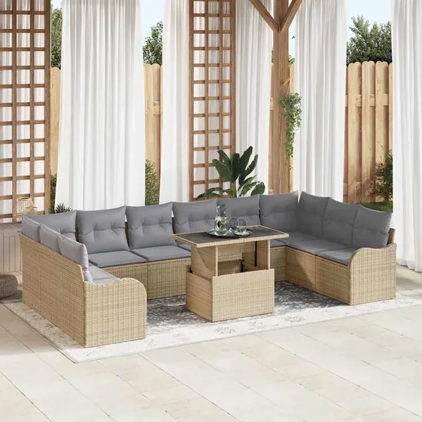 Ensemble de canapé de jardin 11 pcs Beige Poly rotin