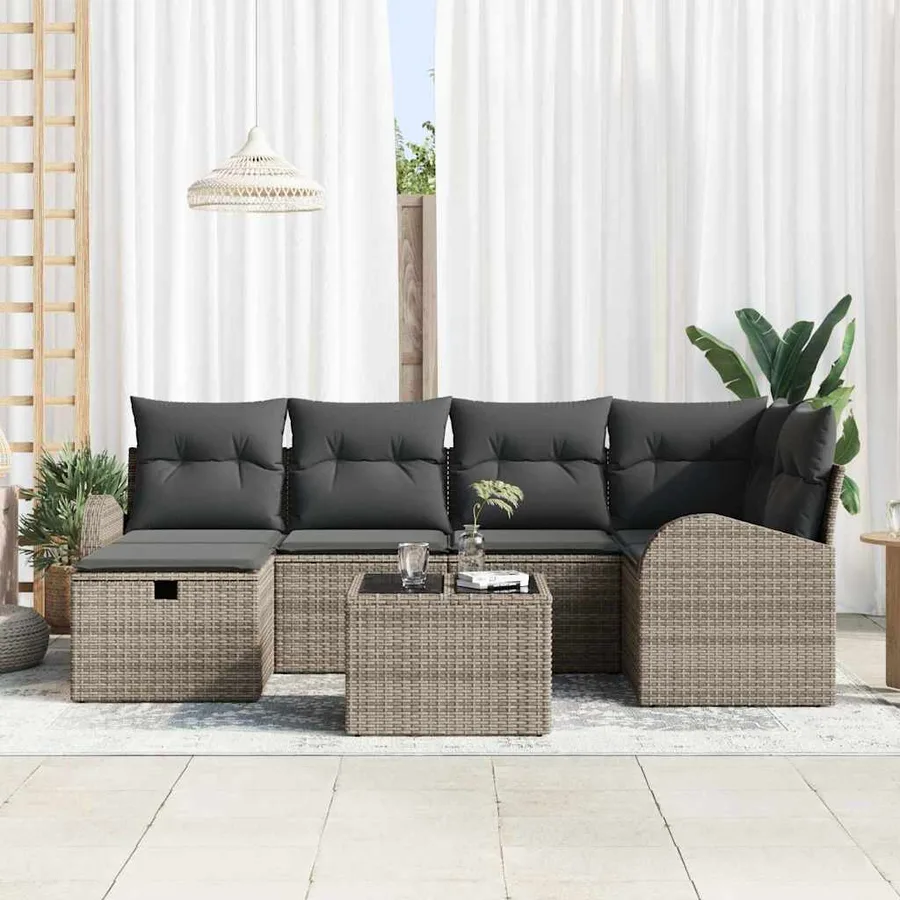 Ensemble de canapé de jardin avec coussin 7 pcs Gris Poly rotin - 3