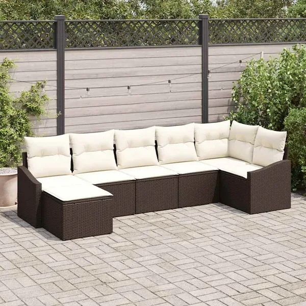 Ensemble de Canapés avec coussin 7 pcs Marron polyrotin
