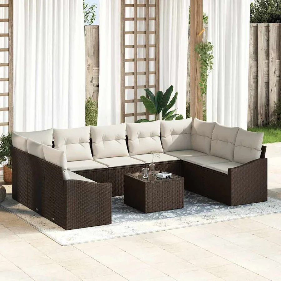 Ensemble de Canapés avec coussin 10 pcs Marron polyrotin