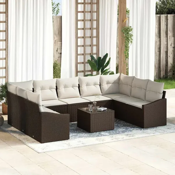 Ensemble de Canapés avec coussin 10 pcs Marron polyrotin