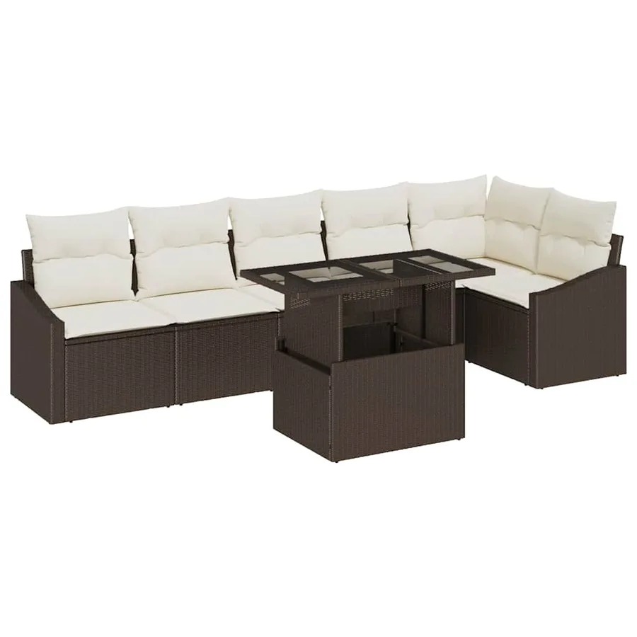 Ensemble de canapé de jardin 7 pcs Marron et Crème polyrotin - 2