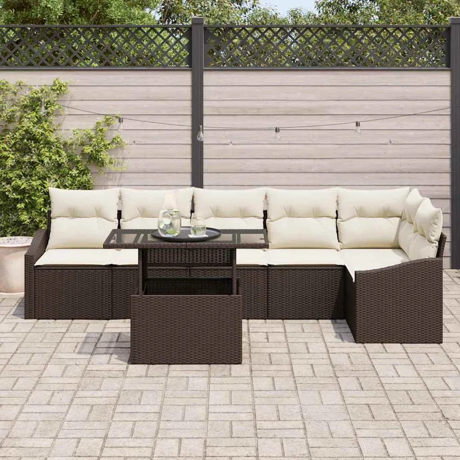 Ensemble de canapé de jardin 7 pcs Marron et Crème polyrotin - 3