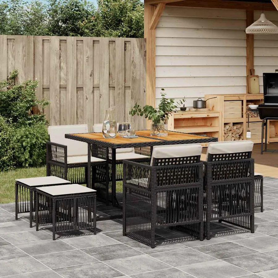 Ensemble à manger de jardin 9pcs coussins noir résine tressée