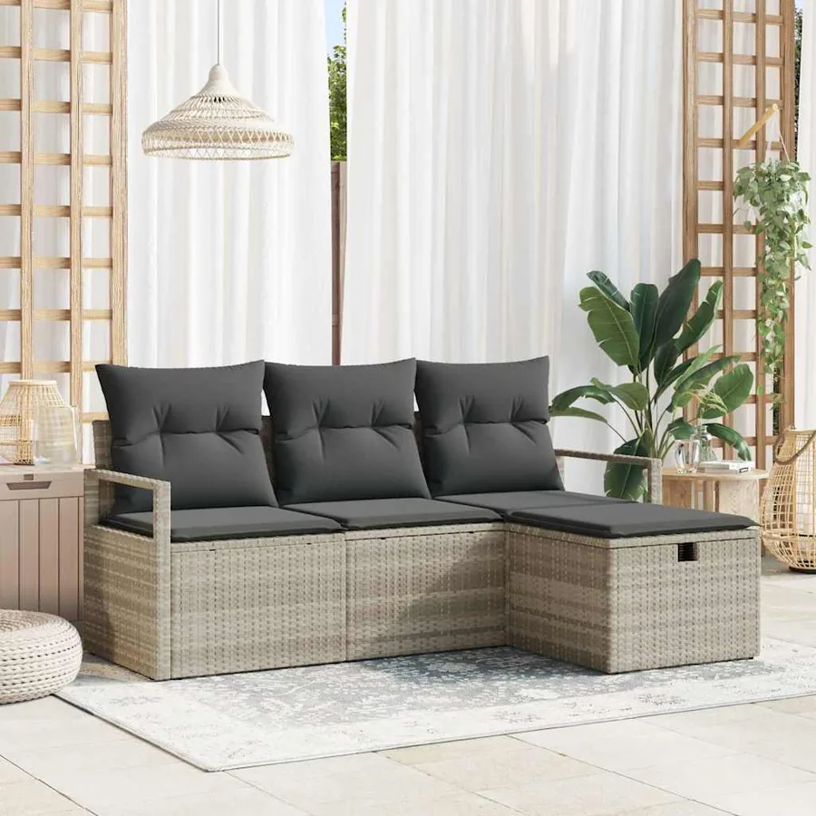 Ensemble de Canapés avec coussin 4 pcs Gris clair polyrotin