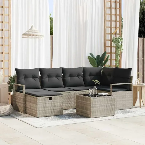Ensemble de Canapés avec coussin 7 pcs Gris clair polyrotin