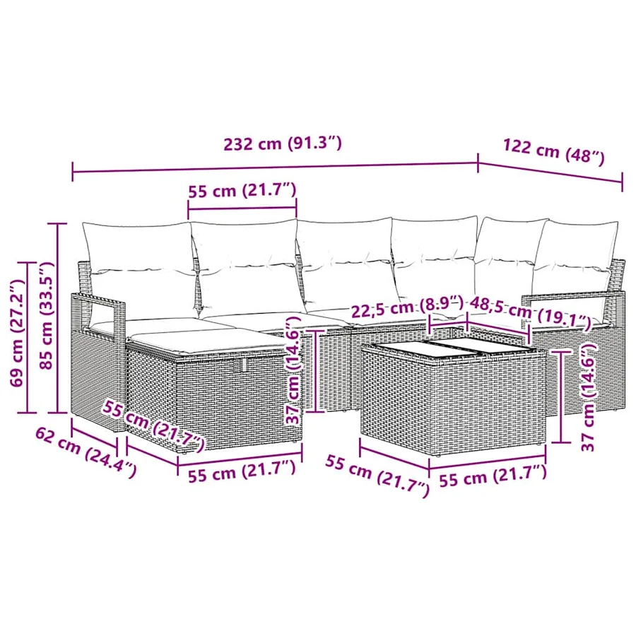 Ensemble de Canapés avec coussin 7 pcs Gris clair polyrotin - 11