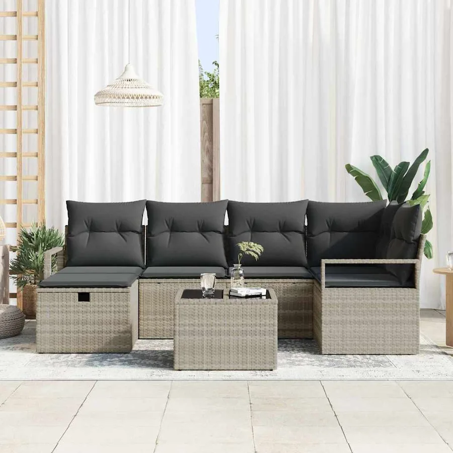 Ensemble de Canapés avec coussin 7 pcs Gris clair polyrotin - 3