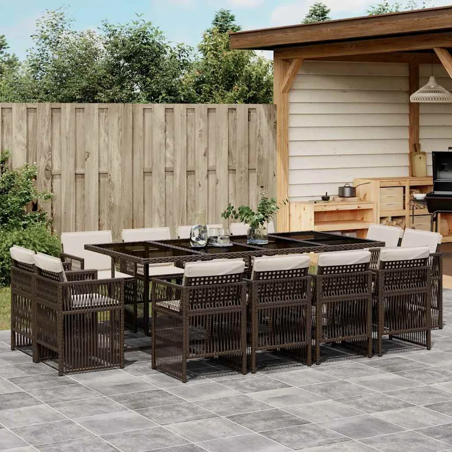 Ensemble à manger de jardin avec coussins 13 pcs marron rotin