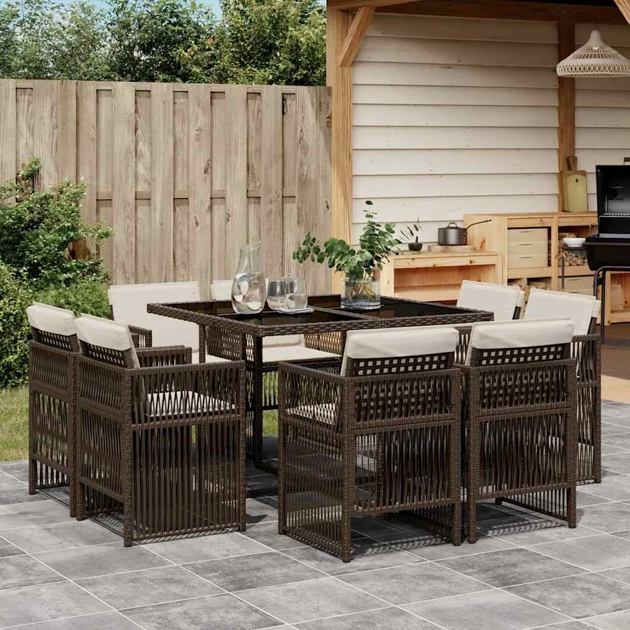 Ensemble à manger de jardin et coussins 9 pcs marron poly rotin