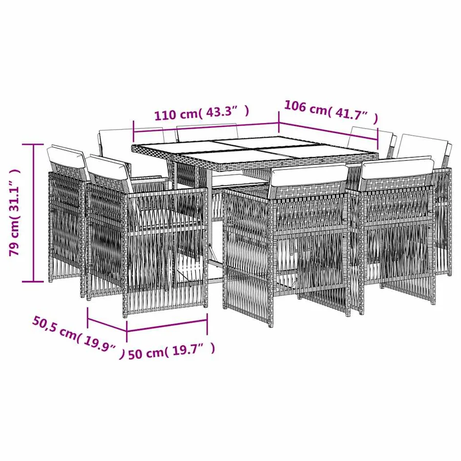 Ensemble à manger de jardin et coussins 9 pcs marron poly rotin - 5