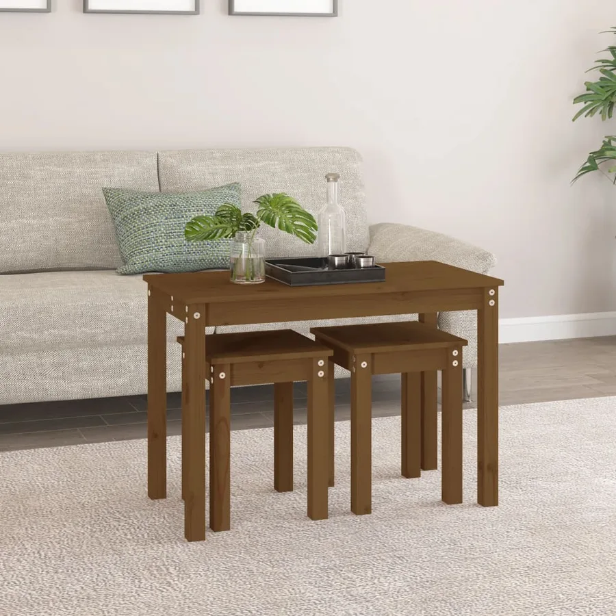 Tables gigognes 3 pcs Marron miel Bois de pin massif - 3