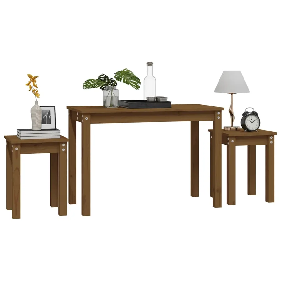 Tables gigognes 3 pcs Marron miel Bois de pin massif - 4