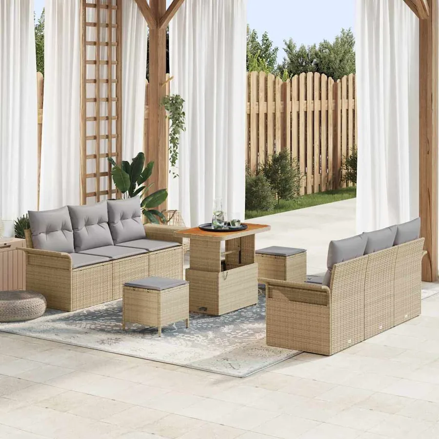 Ensemble de canapé de jardin avec coussin 9 pcs Beige polyrotin