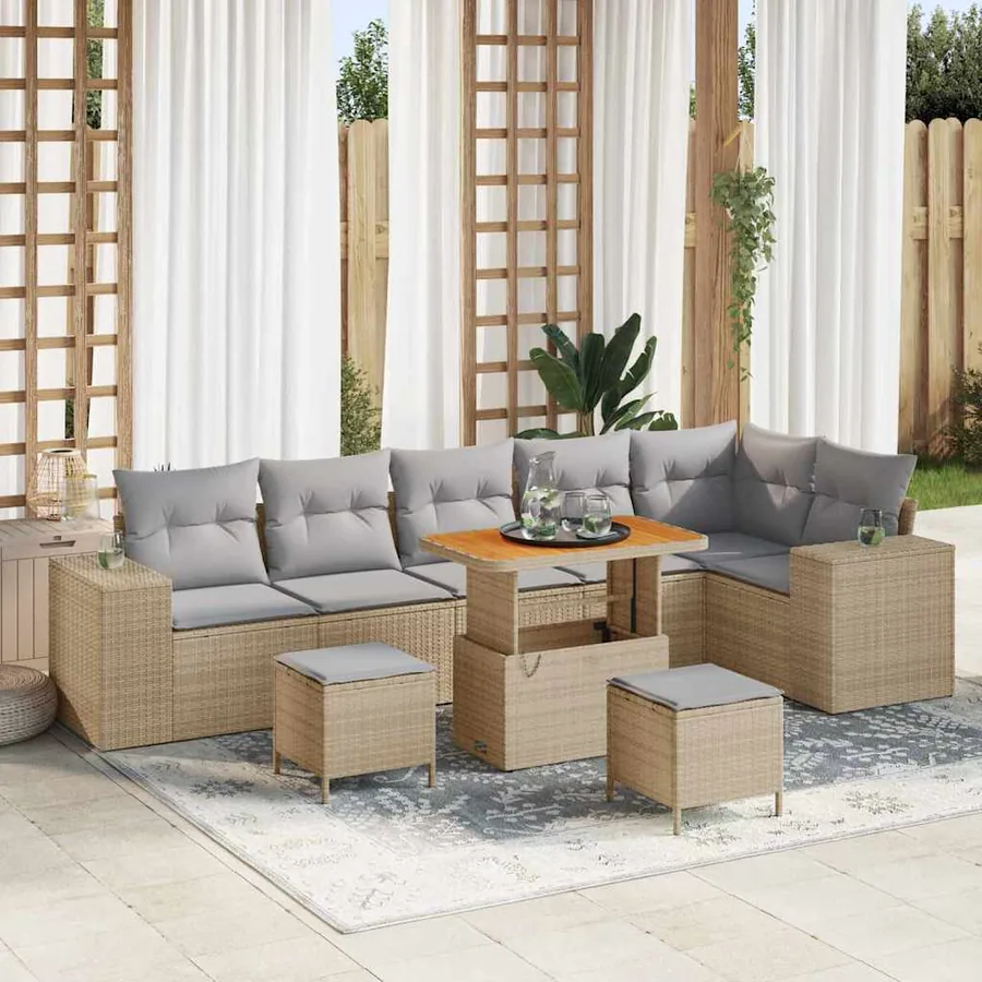 Ensemble de canapé de jardin avec coussin 9 pcs Beige polyrotin