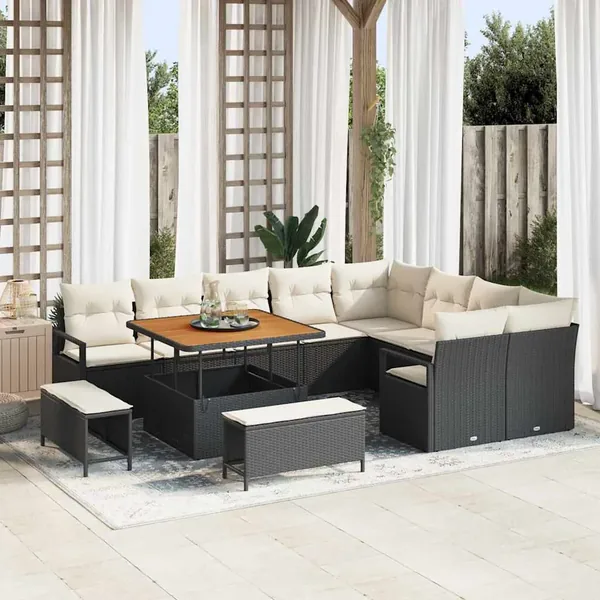 Ensemble de canapé de jardin avec coussin 12 pcs Noir polyrotin