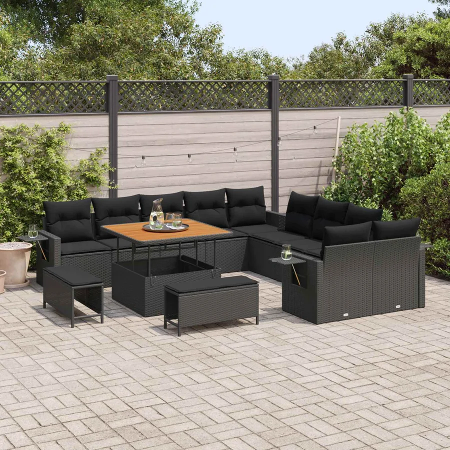 Ensemble de canapé de jardin avec coussin 13 pcs Noir polyrotin - 3