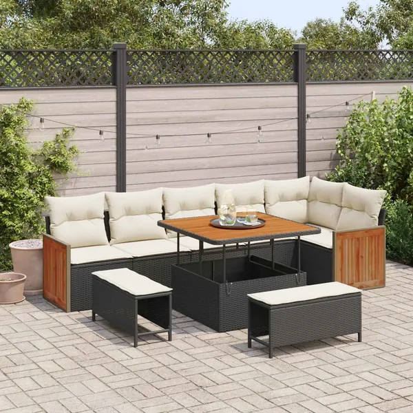 Ensemble de canapé de jardin avec coussin 9 pcs Noir et Crème