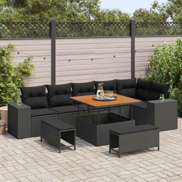 Ensemble de canapé de jardin avec coussin 9 pcs Noir polyrotin