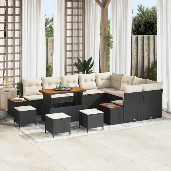 Ensemble de canapé de jardin avec coussin 13 pcs Noir et Crème