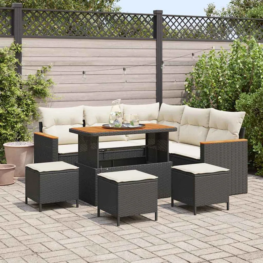 Ensemble de canapé de jardin avec coussin Noir Poly rotin
