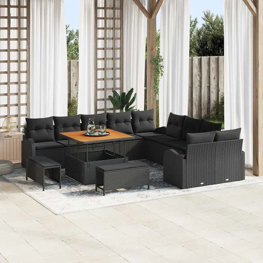 Ensemble de canapé de jardin avec coussin 13 pcs Noir polyrotin