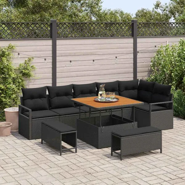 Ensemble de canapé de jardin avec coussin 9 pcs Noir Poly rotin