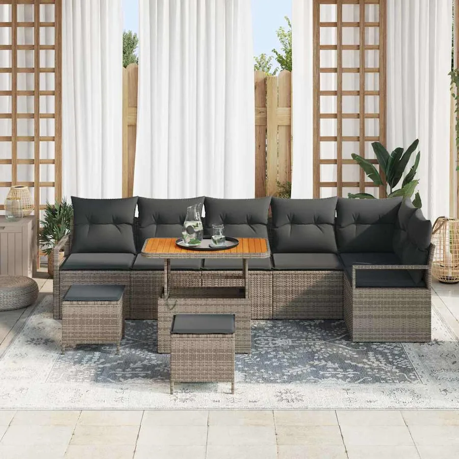 Ensemble de canapé de jardin avec coussin 9 pcs Gris Poly rotin - 3