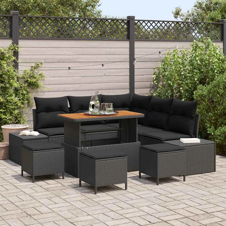 Ensemble de canapé de jardin avec coussin 9 pcs Noir polyrotin
