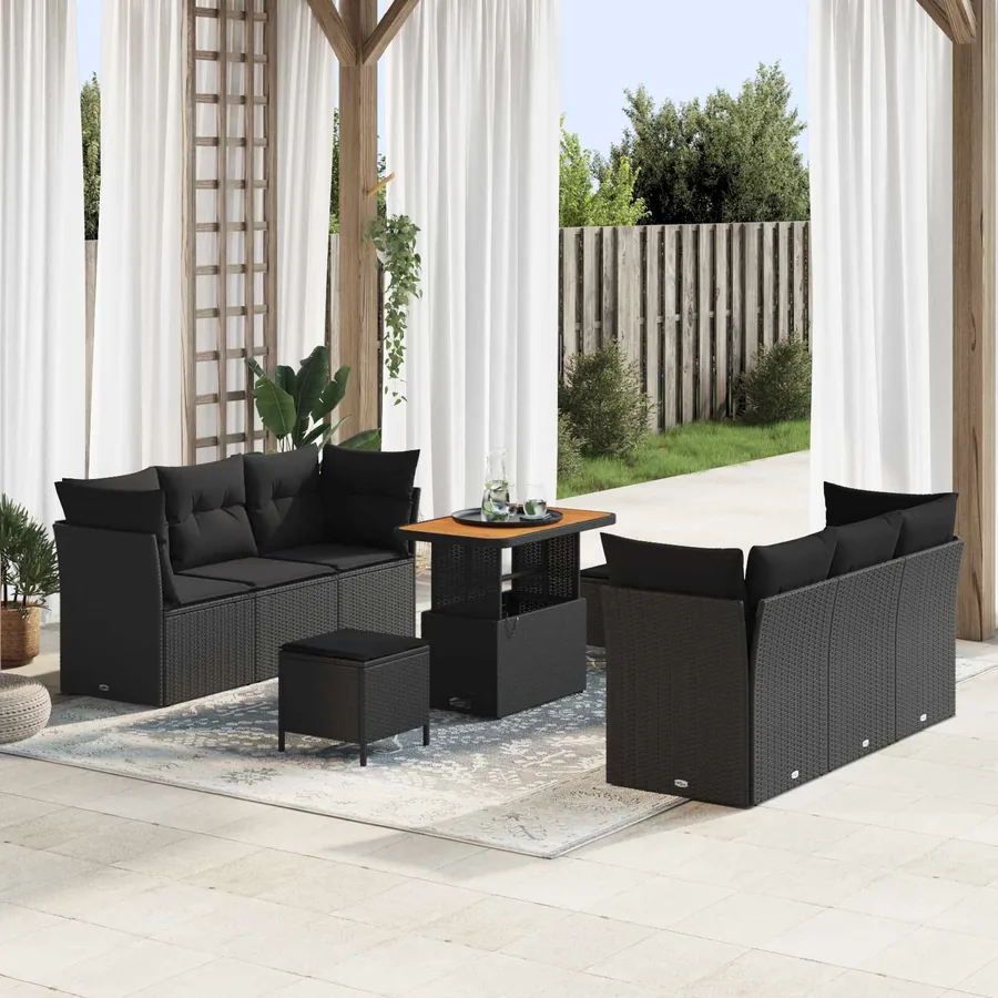 Ensemble de canapé de jardin avec coussin 9 pcs Noir polyrotin