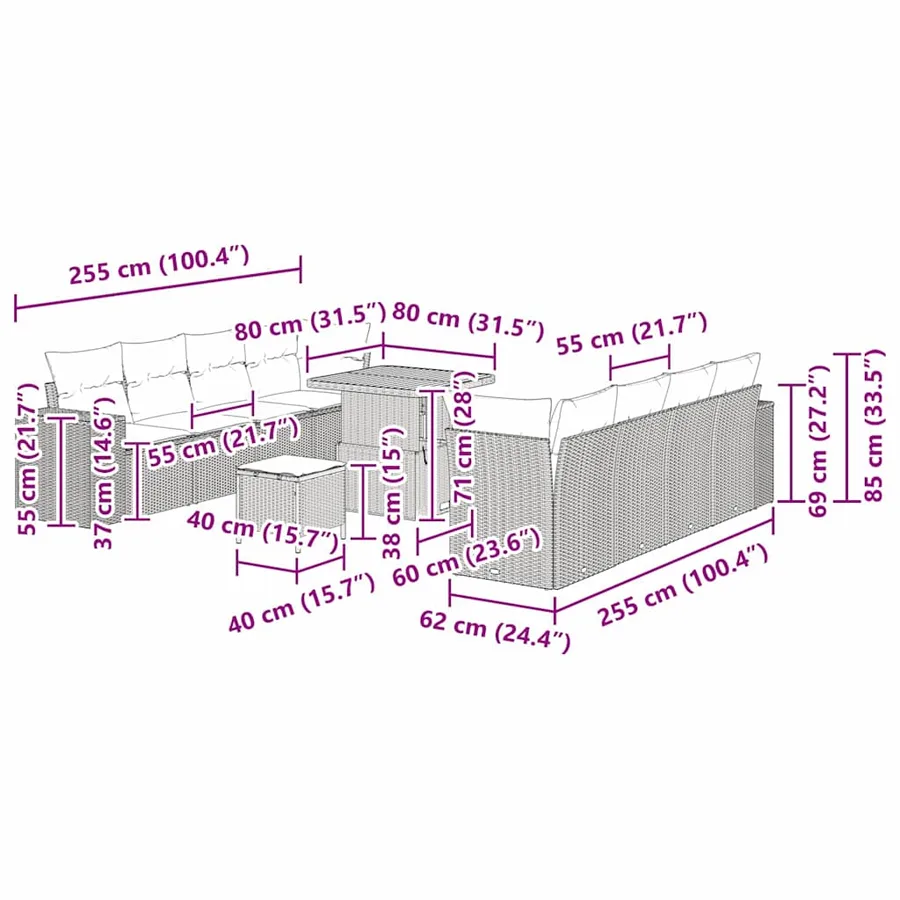 Ensemble de canapé de jardin 11 pcs Beige polyrotin - 14