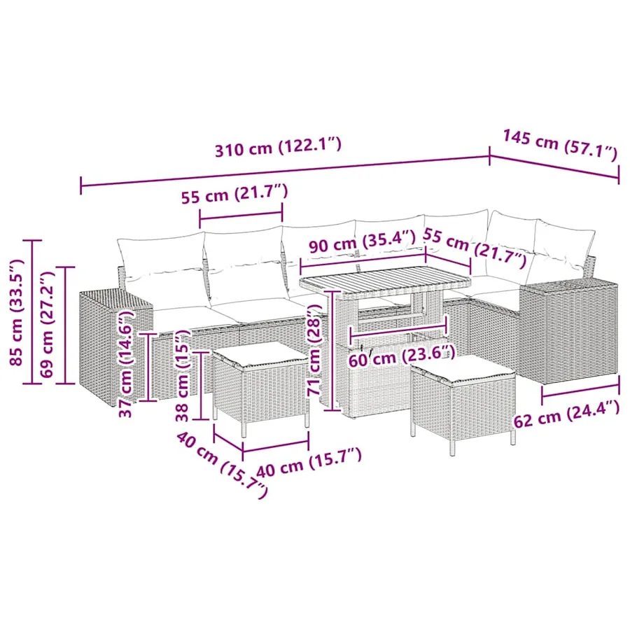 Ensemble de canapé de jardin avec coussin 9 pcs Noir polyrotin - 14