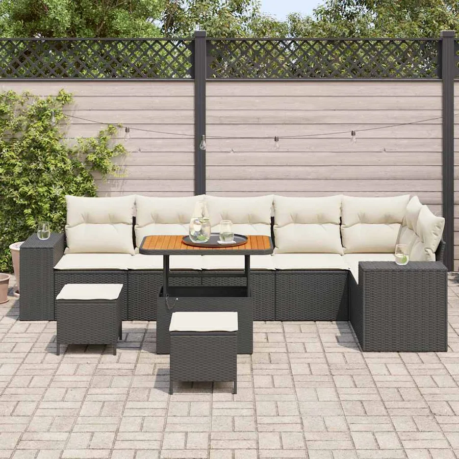 Ensemble de canapé de jardin avec coussin 9 pcs Noir polyrotin - 3